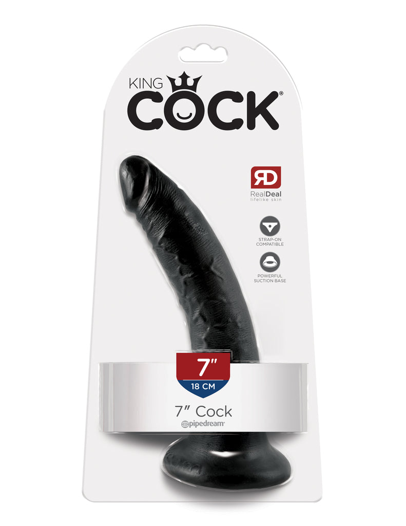 This is an image of The King Cock¬ 7" Cock - Black. . Do you want your first dildo to look and feel just like the rock-hard stud you've always fantasized about? Stop dreaming and get down with the King! Every vein, every shaft, and every head is carefully handcrafted with exquisite detail to give you the most realistic experience ever imagined.