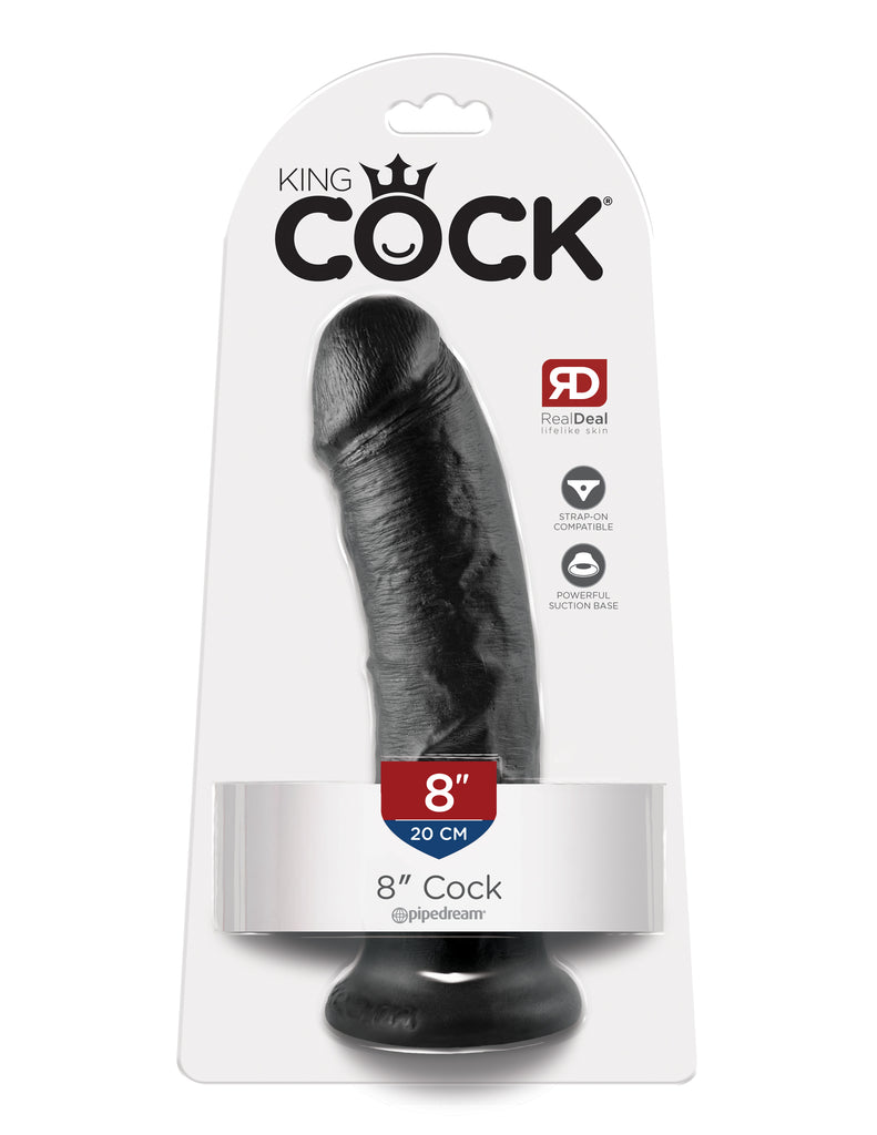 This is an image of The King Cock¬ 8" Cock - Black. . Do you want your first dildo to look and feel just like the rock-hard stud you've always fantasized about? Stop dreaming and get down with the King! Every vein, every shaft, and every head is carefully handcrafted with exquisite detail to give you the most realistic experience ever imagined.