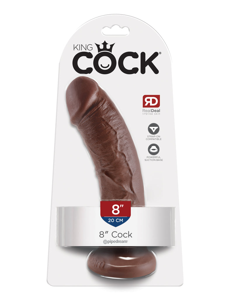 This is an image of The King Cock¬ 8" Cock - Brown. . Do you want your first dildo to look and feel just like the rock-hard stud you've always fantasized about? Stop dreaming and get down with the King! Every vein, every shaft, and every head is carefully handcrafted with exquisite detail to give you the most realistic experience ever imagined.