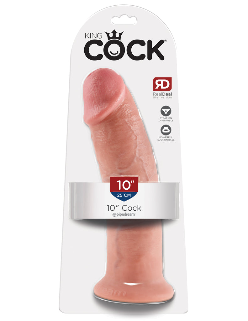 This is an image of The King Cock¬ 10" Cock - Light. . Do you want your first dildo to look and feel just like the rock-hard stud you've always fantasized about? Stop dreaming and get down with the King! Every vein, every shaft, and every head is carefully handcrafted with exquisite detail to give you the most realistic experience ever imagined.