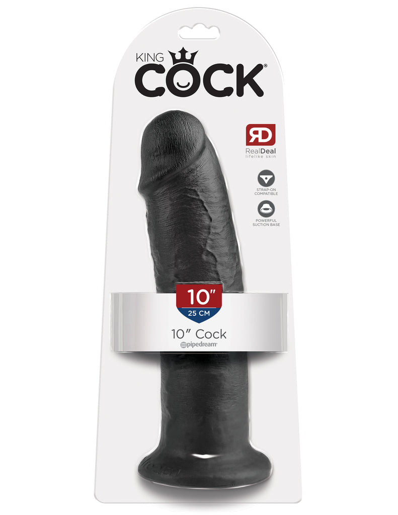 This is an image of The King Cock¬ 10" Cock - Black. . Do you want your first dildo to look and feel just like the rock-hard stud you've always fantasized about? Stop dreaming and get down with the King! Every vein, every shaft, and every head is carefully handcrafted with exquisite detail to give you the most realistic experience ever imagined.