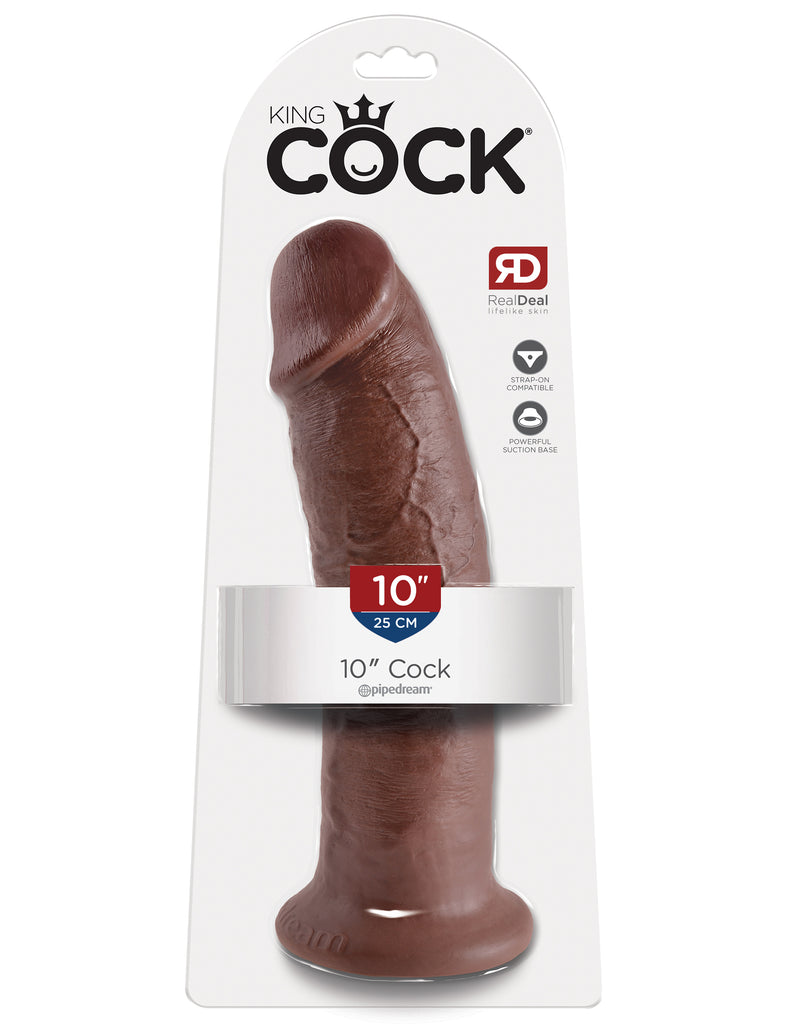 This is an image of The King Cock¬ 10" Cock - Brown. . Do you want your first dildo to look and feel just like the rock-hard stud you've always fantasized about? Stop dreaming and get down with the King! Every vein, every shaft, and every head is carefully handcrafted with exquisite detail to give you the most realistic experience ever imagined.
