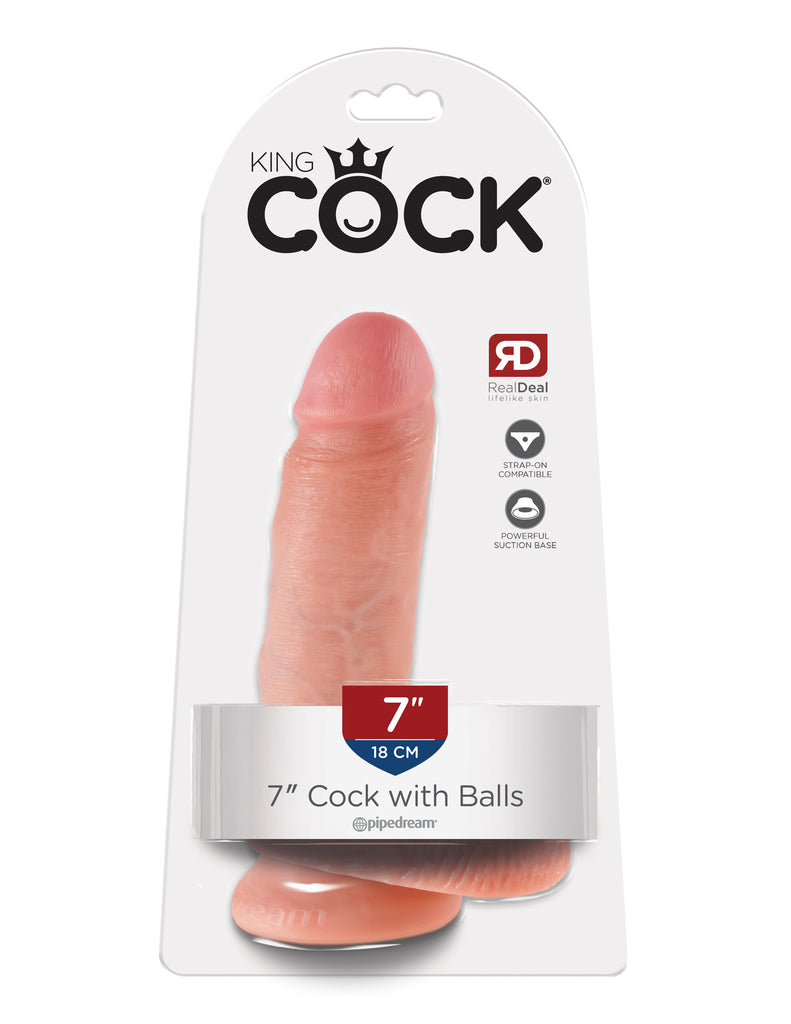 This is an image of The King Cock¬ 7" Cock with Balls - Light. . Do you want your first dildo to look and feel just like the rock-hard stud you've always fantasized about? Stop dreaming and get down with the King! Every vein, every shaft, and every head is carefully handcrafted with exquisite detail to give you the most realistic experience ever imagined.