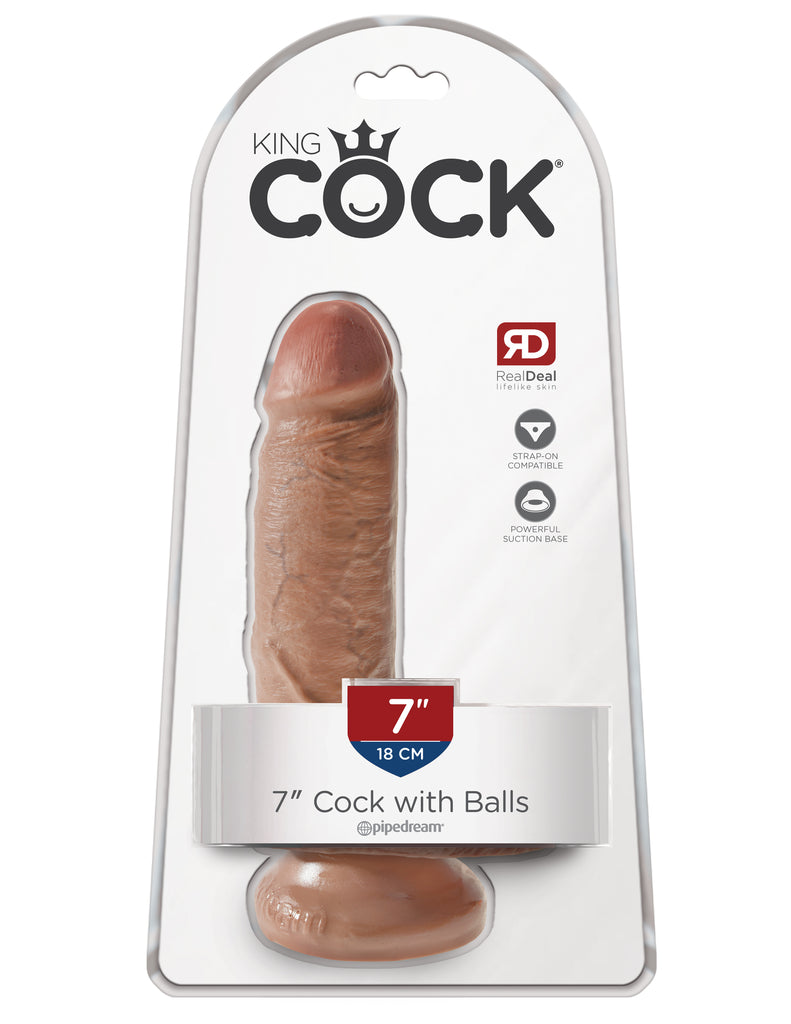 This is an image of The King Cock¬ 7" Cock with Balls - Tan. . Do you want your first dildo to look and feel just like the rock-hard stud you've always fantasized about? Stop dreaming and get down with the King! Every vein, every shaft, and every head is carefully handcrafted with exquisite detail to give you the most realistic experience ever imagined.