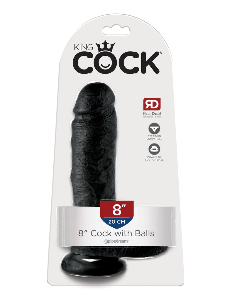 This is an image of The King Cock¬ 8" Cock with Balls - Black. . Do you want your first dildo to look and feel just like the rock-hard stud you've always fantasized about? Stop dreaming and get down with the King! Every vein, every shaft, and every head is carefully handcrafted with exquisite detail to give you the most realistic experience ever imagined.