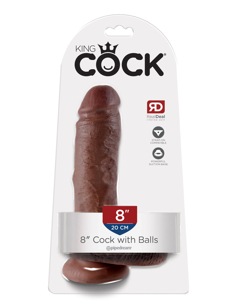 This is an image of The King Cock¬ 8" Cock with Balls - Brown. . Do you want your first dildo to look and feel just like the rock-hard stud you've always fantasized about? Stop dreaming and get down with the King! Every vein, every shaft, and every head is carefully handcrafted with exquisite detail to give you the most realistic experience ever imagined.