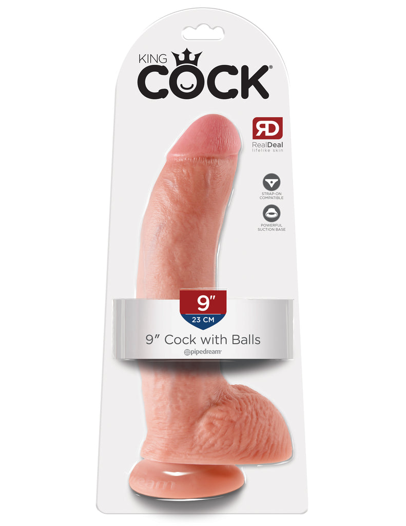 This is an image of The King Cock¬ 9" Cock with Balls - Light. . Do you want your first dildo to look and feel just like the rock-hard stud you've always fantasized about? Stop dreaming and get down with the King! Every vein, every shaft, and every head is carefully handcrafted with exquisite detail to give you the most realistic experience ever imagined.