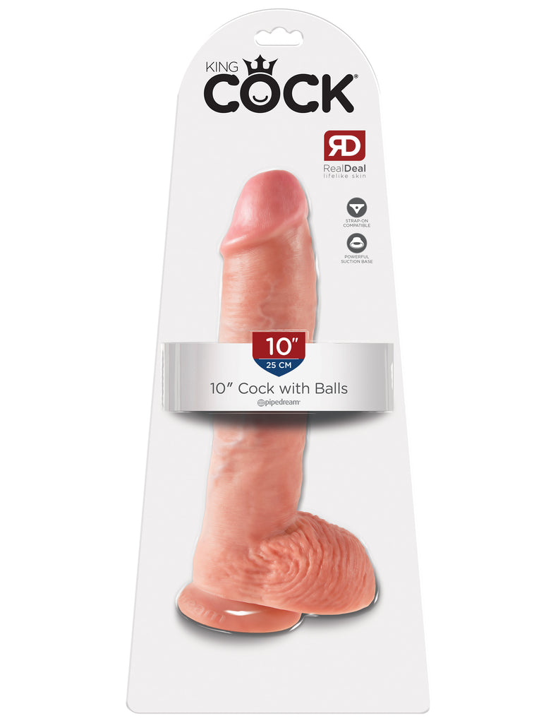This is an image of The King Cock¬ 10" Cock with Balls - Light. . Do you want your first dildo to look and feel just like the rock-hard stud you've always fantasized about? Stop dreaming and get down with the King! Every vein, every shaft, and every head is carefully handcrafted with exquisite detail to give you the most realistic experience ever imagined.