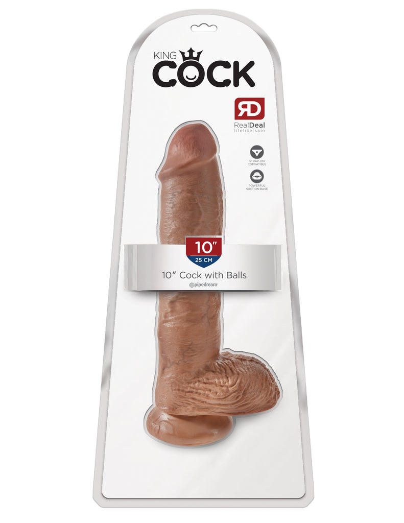 This is an image of The King Cock¬ 10" Cock with Balls - Tan. . Do you want your first dildo to look and feel just like the rock-hard stud you've always fantasized about? Stop dreaming and get down with the King! Every vein, every shaft, and every head is carefully handcrafted with exquisite detail to give you the most realistic experience ever imagined.