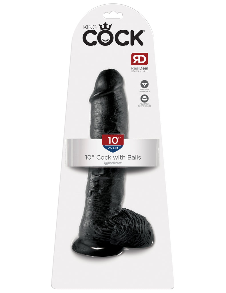 This is an image of The King Cock¬ 10" Cock with Balls - Black. . Do you want your first dildo to look and feel just like the rock-hard stud you've always fantasized about? Stop dreaming and get down with the King! Every vein, every shaft, and every head is carefully handcrafted with exquisite detail to give you the most realistic experience ever imagined.