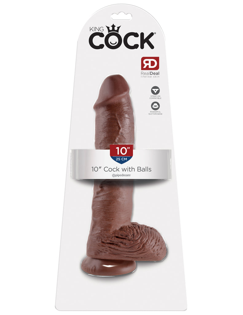 This is an image of The King Cock¬ 10" Cock with Balls - Brown. . Do you want your first dildo to look and feel just like the rock-hard stud you've always fantasized about? Stop dreaming and get down with the King! Every vein, every shaft, and every head is carefully handcrafted with exquisite detail to give you the most realistic experience ever imagined.