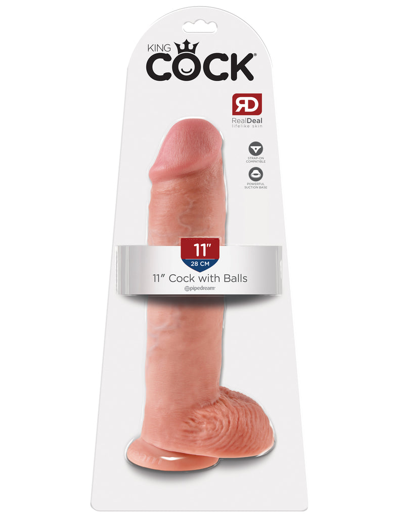 This is an image of The King Cock¬ 11" Cock with Balls - Light. . Do you want your first dildo to look and feel just like the rock-hard stud you've always fantasized about? Stop dreaming and get down with the King! Every vein, every shaft, and every head is carefully handcrafted with exquisite detail to give you the most realistic experience ever imagined.