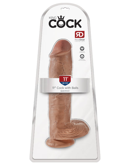 This is an image of The King Cock¬ 11" Cock with Balls - Tan. . Do you want your first dildo to look and feel just like the rock-hard stud you've always fantasized about? Stop dreaming and get down with the King! Every vein, every shaft, and every head is carefully handcrafted with exquisite detail to give you the most realistic experience ever imagined.
