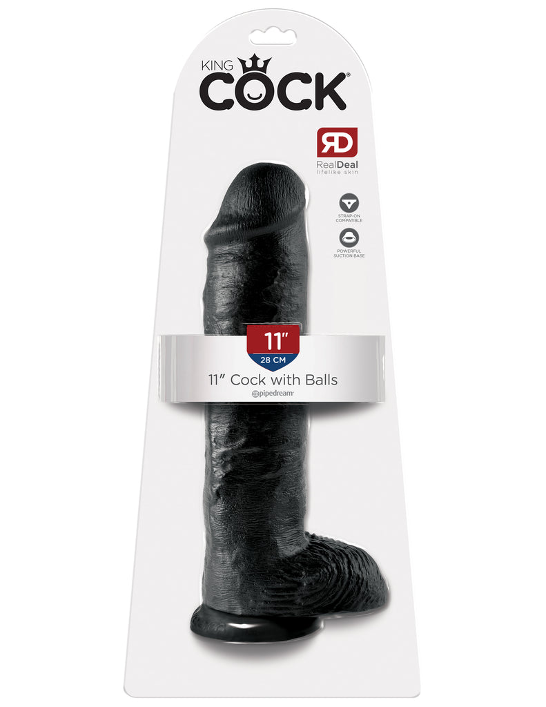 This is an image of The King Cock¬ 11" Cock with Balls - Black. . Do you want your first dildo to look and feel just like the rock-hard stud you've always fantasized about? Stop dreaming and get down with the King! Every vein, every shaft, and every head is carefully handcrafted with exquisite detail to give you the most realistic experience ever imagined.