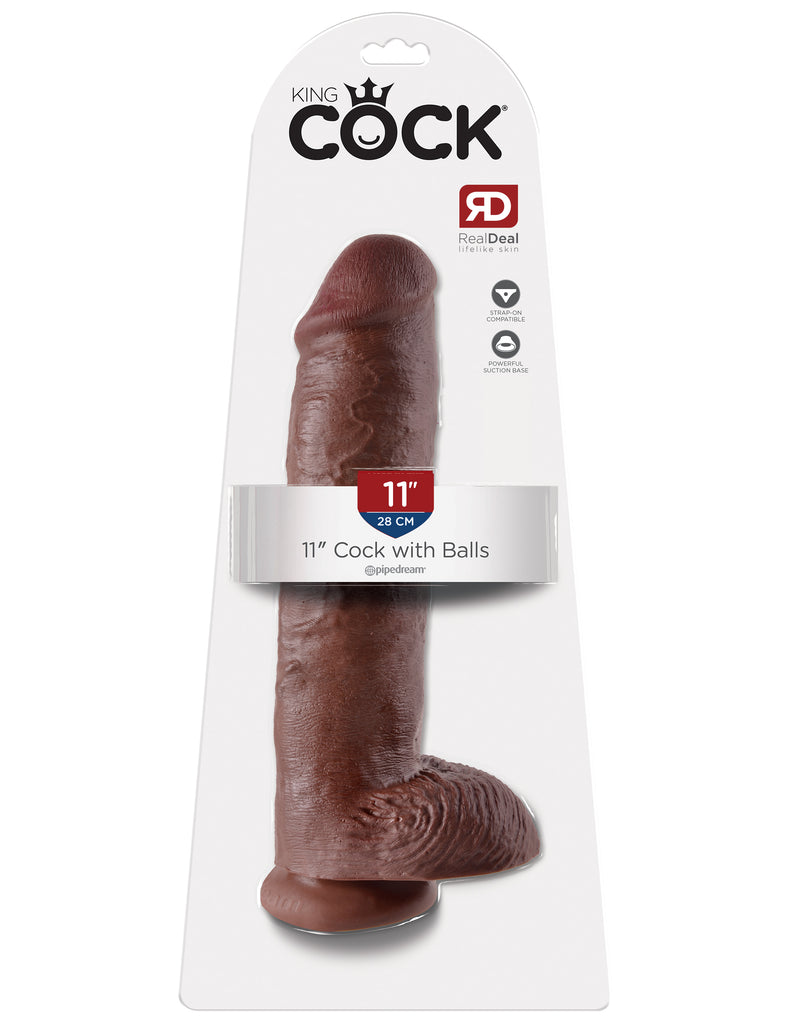 This is an image of The King Cock¬ 11" Cock with Balls - Brown. . Do you want your first dildo to look and feel just like the rock-hard stud you've always fantasized about? Stop dreaming and get down with the King! Every vein, every shaft, and every head is carefully handcrafted with exquisite detail to give you the most realistic experience ever imagined.