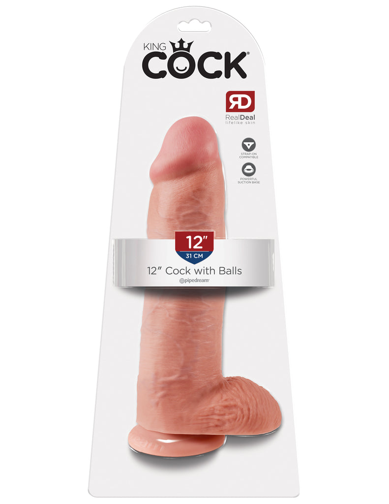 This is an image of The King Cock¬ 12" Cock with Balls - Light. . Do you want your first dildo to look and feel just like the rock-hard stud you've always fantasized about? Stop dreaming and get down with the King! Every vein, every shaft, and every head is carefully handcrafted with exquisite detail to give you the most realistic experience ever imagined.