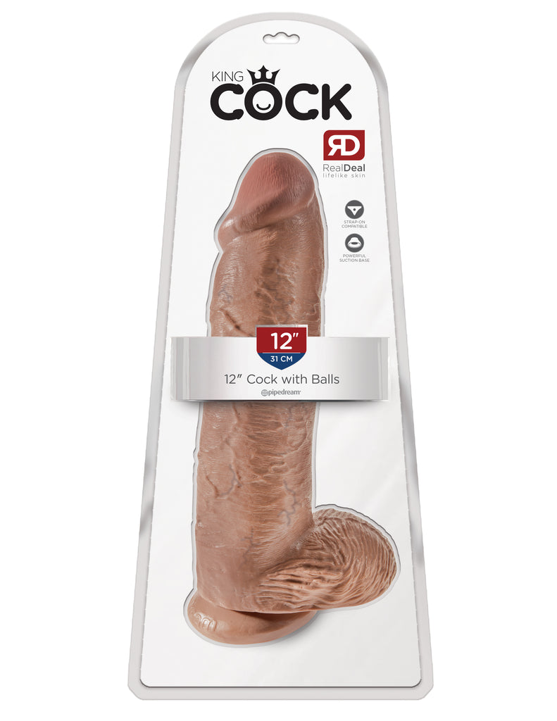 This is an image of The King Cock¬ 12" Cock with Balls - Tan. . Do you want your first dildo to look and feel just like the rock-hard stud you've always fantasized about? Stop dreaming and get down with the King! Every vein, every shaft, and every head is carefully handcrafted with exquisite detail to give you the most realistic experience ever imagined.