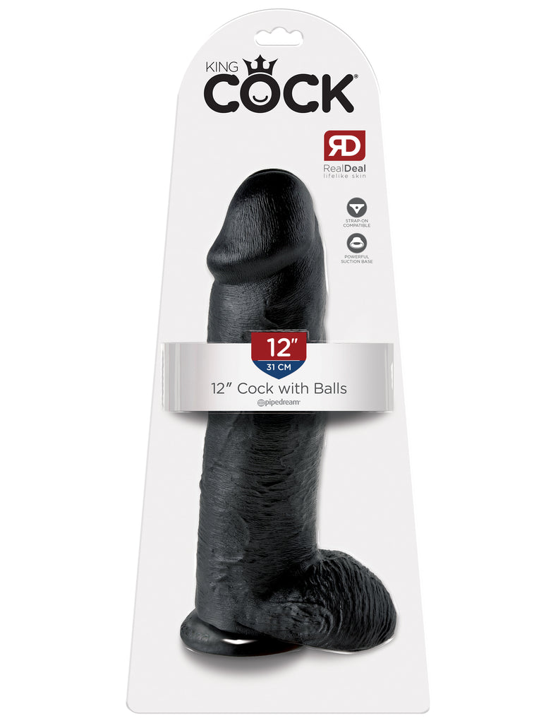 This is an image of The King Cock¬ 12" Cock with Balls - Black. . Do you want your first dildo to look and feel just like the rock-hard stud you've always fantasized about? Stop dreaming and get down with the King! Every vein, every shaft, and every head is carefully handcrafted with exquisite detail to give you the most realistic experience ever imagined.