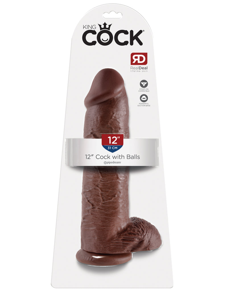 This is an image of The King Cock¬ 12" Cock with Balls - Brown. . Do you want your first dildo to look and feel just like the rock-hard stud you've always fantasized about? Stop dreaming and get down with the King! Every vein, every shaft, and every head is carefully handcrafted with exquisite detail to give you the most realistic experience ever imagined.