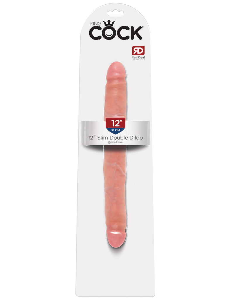 This is an image of The King Cock¬ 12" Slim Double Dildo - Light. . Do you want your first dildo to look and feel just like the rock-hard stud you've always fantasized about? Stop dreaming and get down with the King! Every vein, every shaft, and every head is carefully handcrafted with exquisite detail to give you the most realistic experience ever imagined.