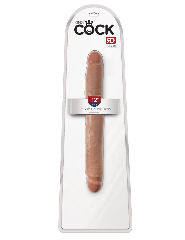 This is an image of The King Cock¬ 12" Slim Double Dildo - Tan. . Do you want your first dildo to look and feel just like the rock-hard stud you've always fantasized about? Stop dreaming and get down with the King! Every vein, every shaft, and every head is carefully handcrafted with exquisite detail to give you the most realistic experience ever imagined.