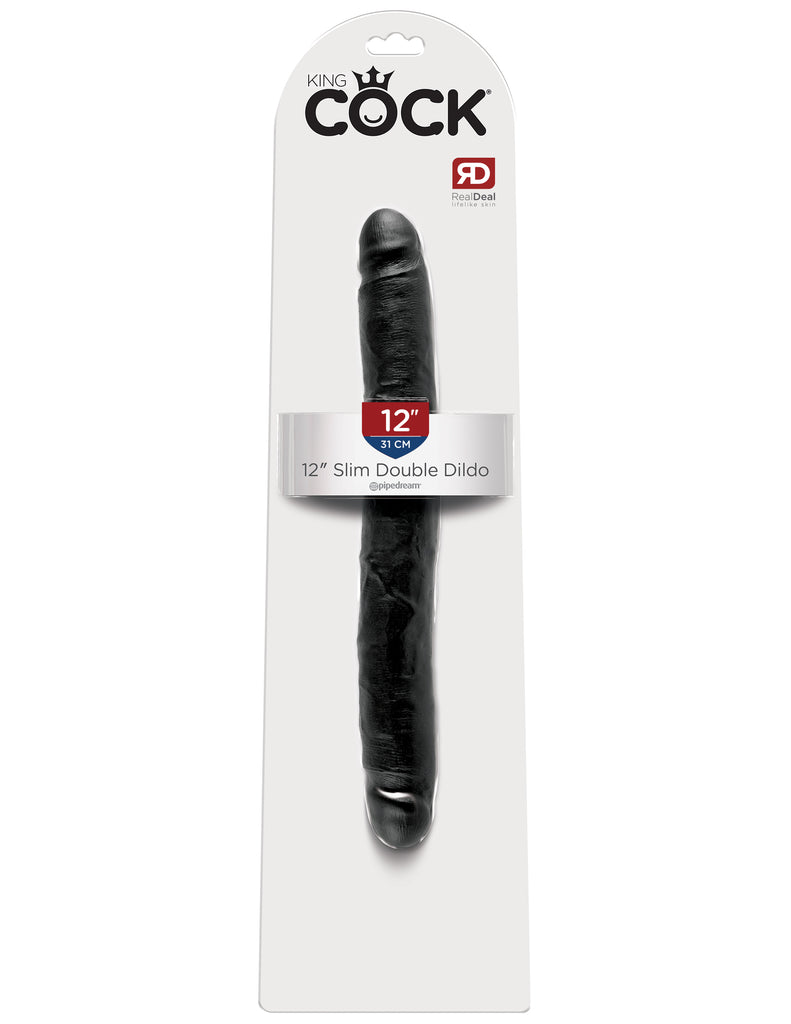 This is an image of The King Cock¬ 12" Slim Double Dildo - Black. . Do you want your first dildo to look and feel just like the rock-hard stud you've always fantasized about? Stop dreaming and get down with the King! Every vein, every shaft, and every head is carefully handcrafted with exquisite detail to give you the most realistic experience ever imagined.