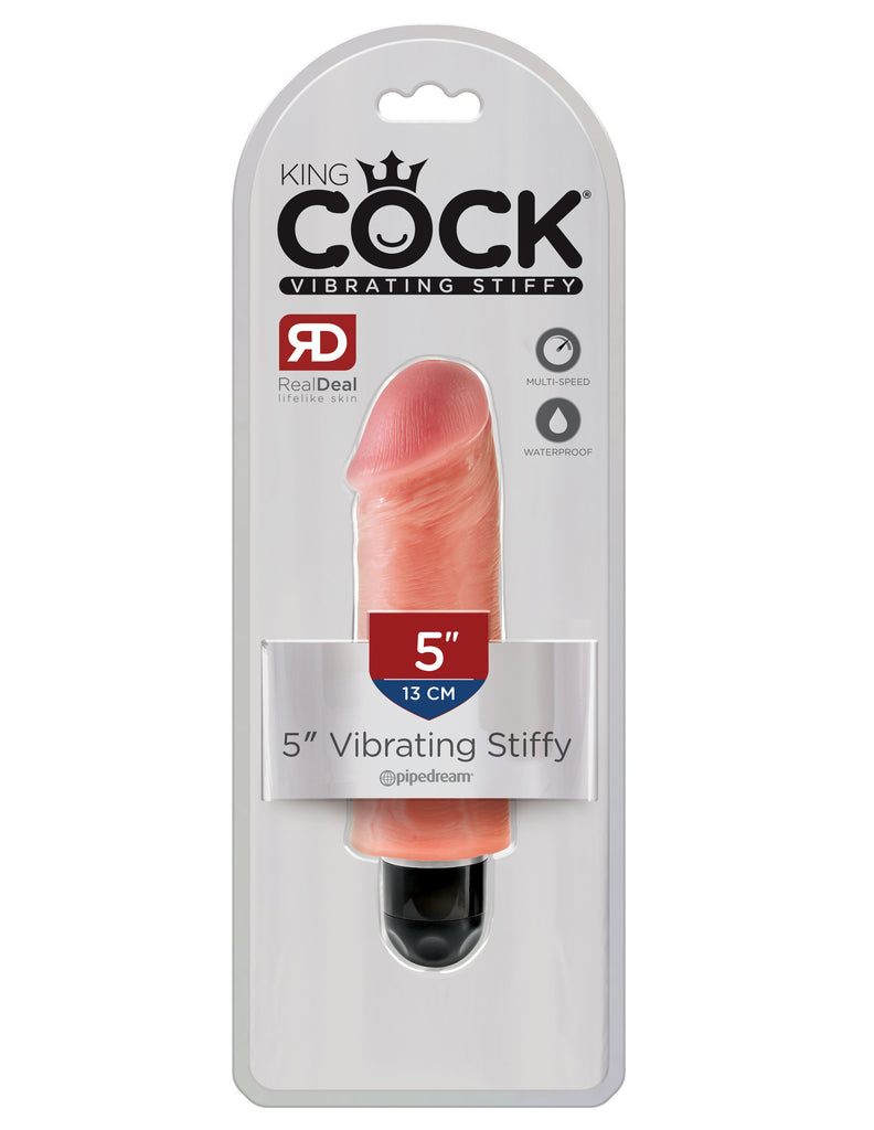 This is an image of Pipedream's King Cock¬ 5" Vibrating Stiffy - Light. When you're looking for a realistic vibe that's always ready for action, the King Cock¬ Vibrating Stiffy is the perfect choice for maximum satisfaction! This lifelike dildo features a powerful multispeed vibrator that delivers mind-blowing thrills. It feels even better than the real thing!