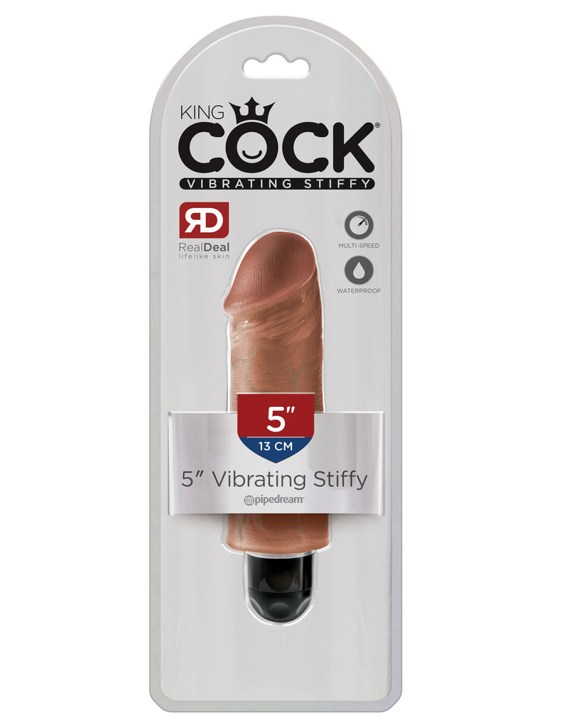 This is an image of Pipedream's King Cock¬ 5" Vibrating Stiffy - Tan. When you're looking for a realistic vibe that's always ready for action, the King Cock¬ Vibrating Stiffy is the perfect choice for maximum satisfaction! This lifelike dildo features a powerful multispeed vibrator that delivers mind-blowing thrills. It feels even better than the real thing!