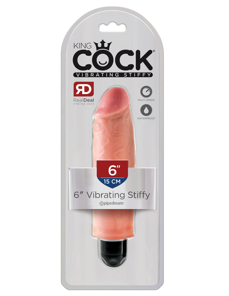 This is an image of Pipedream's King Cock¬ 6" Vibrating Stiffy - Light. When you're looking for a realistic vibe that's always ready for action, the King Cock¬ Vibrating Stiffy is the perfect choice for maximum satisfaction! This lifelike dildo features a powerful multispeed vibrator that delivers mind-blowing thrills. It feels even better than the real thing!