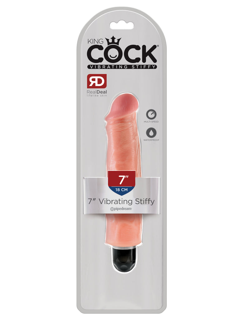 This is an image of Pipedream's King Cock¬ 7" Vibrating Stiffy - Light. When you're looking for a realistic vibe that's always ready for action, the King Cock¬ Vibrating Stiffy is the perfect choice for maximum satisfaction! This lifelike dildo features a powerful multispeed vibrator that delivers mind-blowing thrills. It feels even better than the real thing!