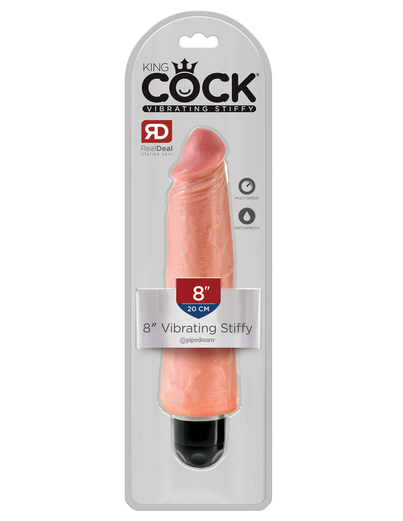 This is an image of Pipedream's King Cock¬ 8" Vibrating Stiffy - Light. When you're looking for a realistic vibe that's always ready for action, the King Cock¬ Vibrating Stiffy is the perfect choice for maximum satisfaction! This lifelike dildo features a powerful multispeed vibrator that delivers mind-blowing thrills. It feels even better than the real thing!