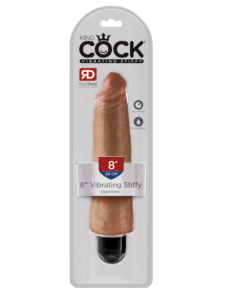 This is an image of Pipedream's King Cock¬ 8" Vibrating Stiffy - Tan. When you're looking for a realistic vibe that's always ready for action, the King Cock¬ Vibrating Stiffy is the perfect choice for maximum satisfaction! This lifelike dildo features a powerful multispeed vibrator that delivers mind-blowing thrills. It feels even better than the real thing!