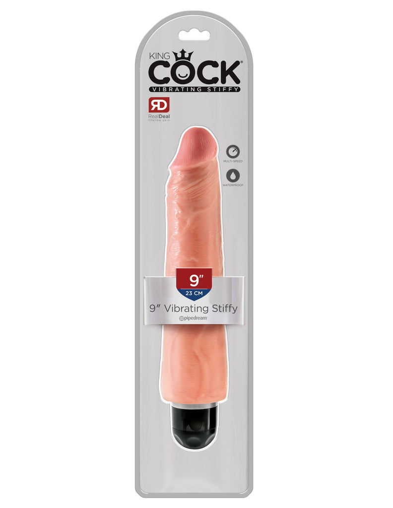 This is an image of Pipedream's King Cock¬ 9" Vibrating Stiffy - Light. When you're looking for a realistic vibe that's always ready for action, the King Cock¬ Vibrating Stiffy is the perfect choice for maximum satisfaction! This lifelike dildo features a powerful multispeed vibrator that delivers mind-blowing thrills. It feels even better than the real thing!