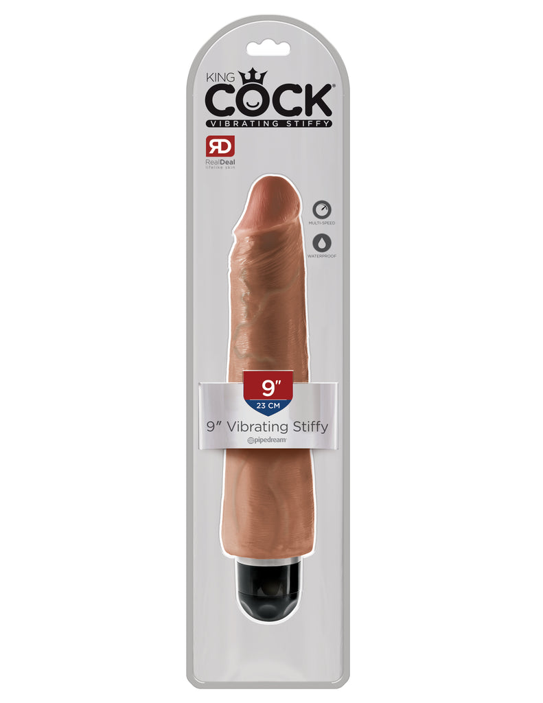 This is an image of Pipedream's King Cock¬ 9" Vibrating Stiffy - Tan. When you're looking for a realistic vibe that's always ready for action, the King Cock¬ Vibrating Stiffy is the perfect choice for maximum satisfaction! This lifelike dildo features a powerful multispeed vibrator that delivers mind-blowing thrills. It feels even better than the real thing!