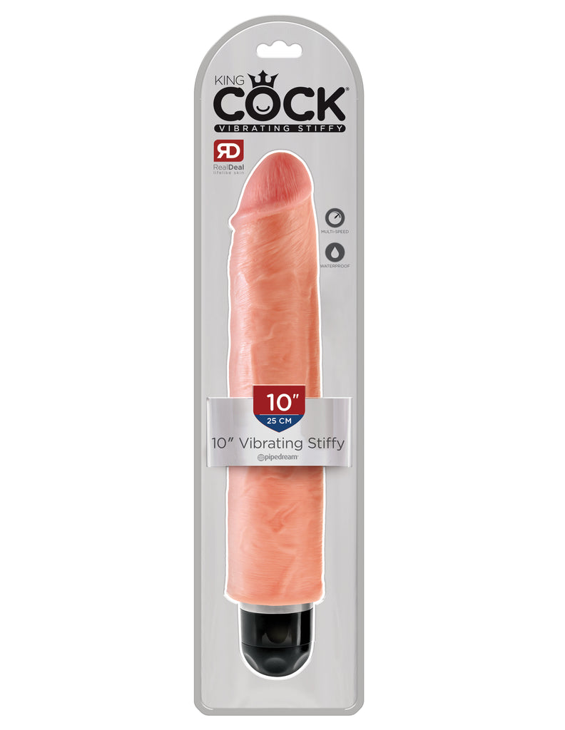 This is an image of Pipedream's King Cock¬ 10" Vibrating Stiffy - Light. When you're looking for a realistic vibe that's always ready for action, the King Cock¬ Vibrating Stiffy is the perfect choice for maximum satisfaction! This lifelike dildo features a powerful multispeed vibrator that delivers mind-blowing thrills. It feels even better than the real thing!