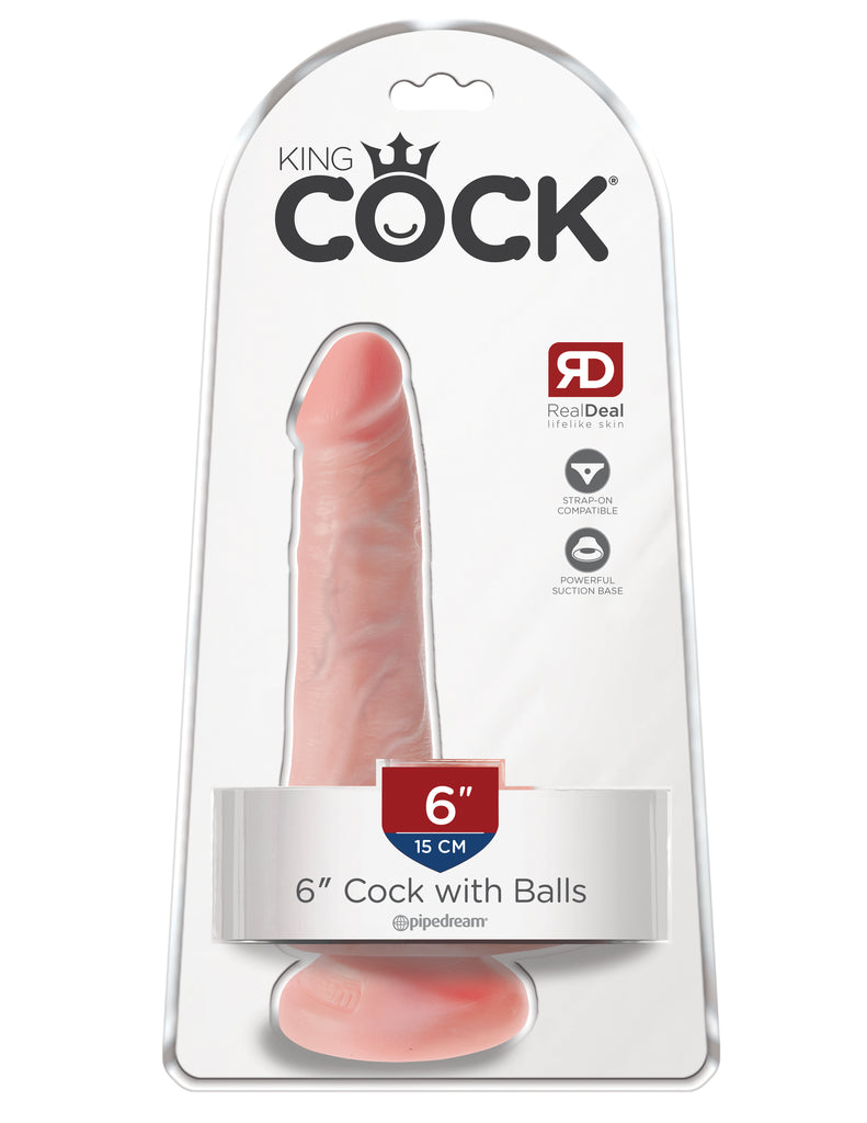 This is an image of The King Cock¬ 6" Cock with Balls - Light. . Do you want your first dildo to look and feel just like the rock-hard stud you've always fantasized about? Stop dreaming and get down with the King! Every vein, every shaft, and every head is carefully handcrafted with exquisite detail to give you the most realistic experience ever imagined.
