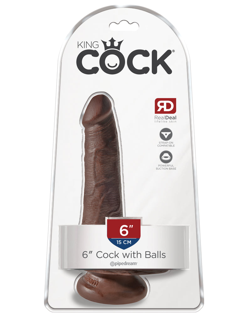 This is an image of The King Cock¬ 6" Cock with Balls - Brown. . Do you want your first dildo to look and feel just like the rock-hard stud you've always fantasized about? Stop dreaming and get down with the King! Every vein, every shaft, and every head is carefully handcrafted with exquisite detail to give you the most realistic experience ever imagined.