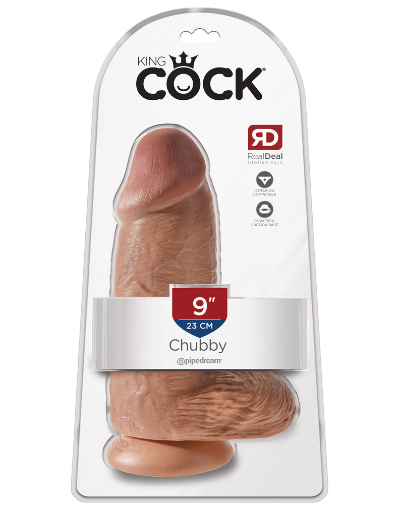 This is an image of The King Cock¬ 9" Chubby Tan. . Do you want your first dildo to look and feel just like the rock-hard stud you've always fantasized about? Stop dreaming and get down with the King! Every vein, every shaft, and every head is carefully handcrafted with exquisite detail to give you the most realistic experience ever imagined.