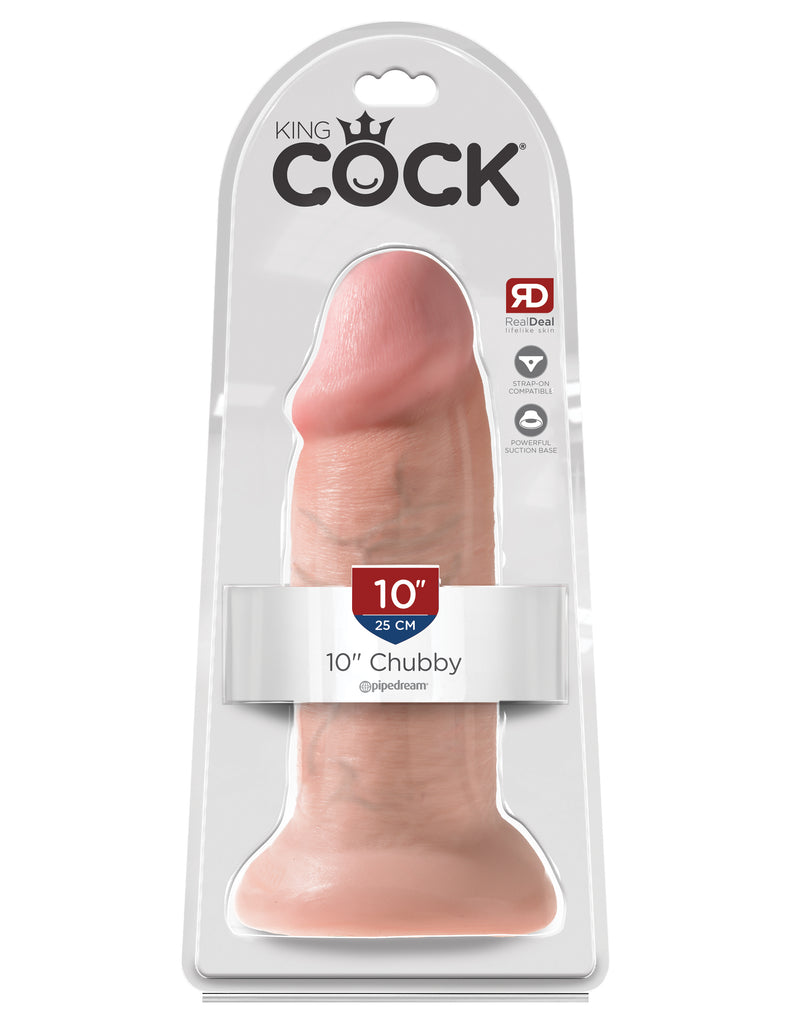 This is an image of The King Cock¬ 10" Chubby - Light. . Do you want your first dildo to look and feel just like the rock-hard stud you've always fantasized about? Stop dreaming and get down with the King! Every vein, every shaft, and every head is carefully handcrafted with exquisite detail to give you the most realistic experience ever imagined.