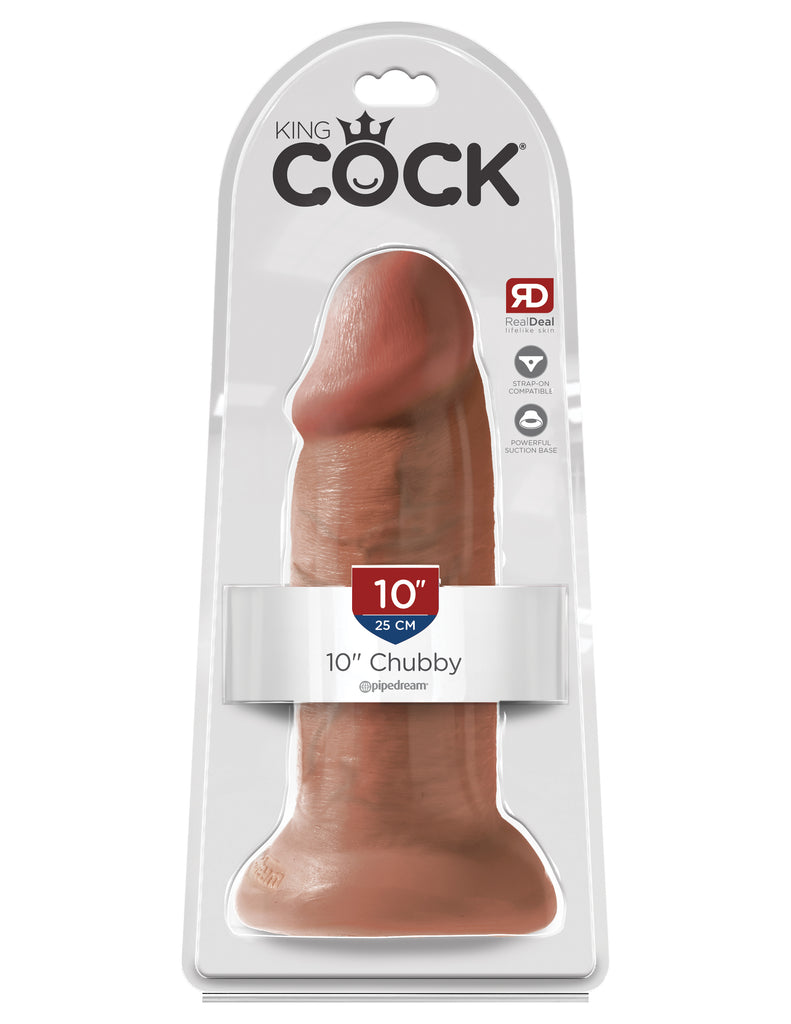 This is an image of The King Cock¬ 10" Chubby - Tan. . Do you want your first dildo to look and feel just like the rock-hard stud you've always fantasized about? Stop dreaming and get down with the King! Every vein, every shaft, and every head is carefully handcrafted with exquisite detail to give you the most realistic experience ever imagined.