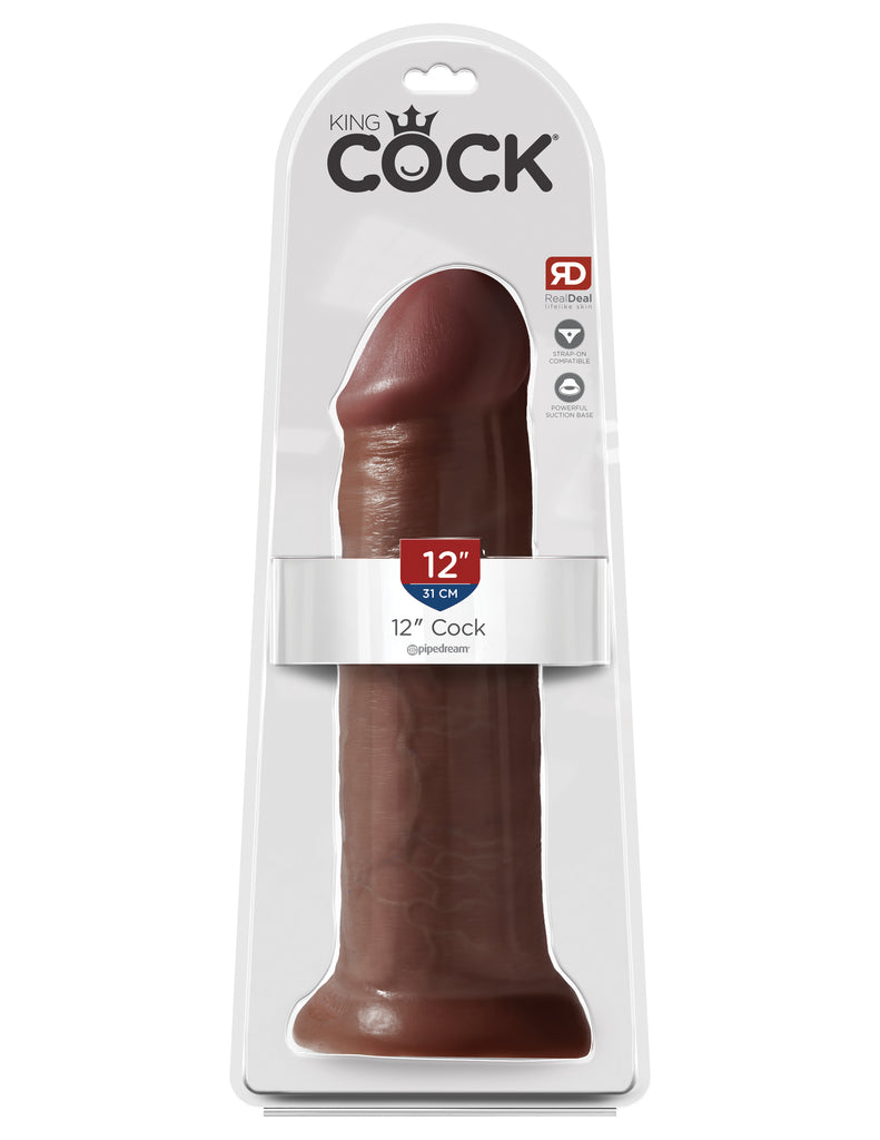This is an image of The King Cock¬ 12" Cock - Brown. . Do you want your first dildo to look and feel just like the rock-hard stud you've always fantasized about? Stop dreaming and get down with the King! Every vein, every shaft, and every head is carefully handcrafted with exquisite detail to give you the most realistic experience ever imagined.