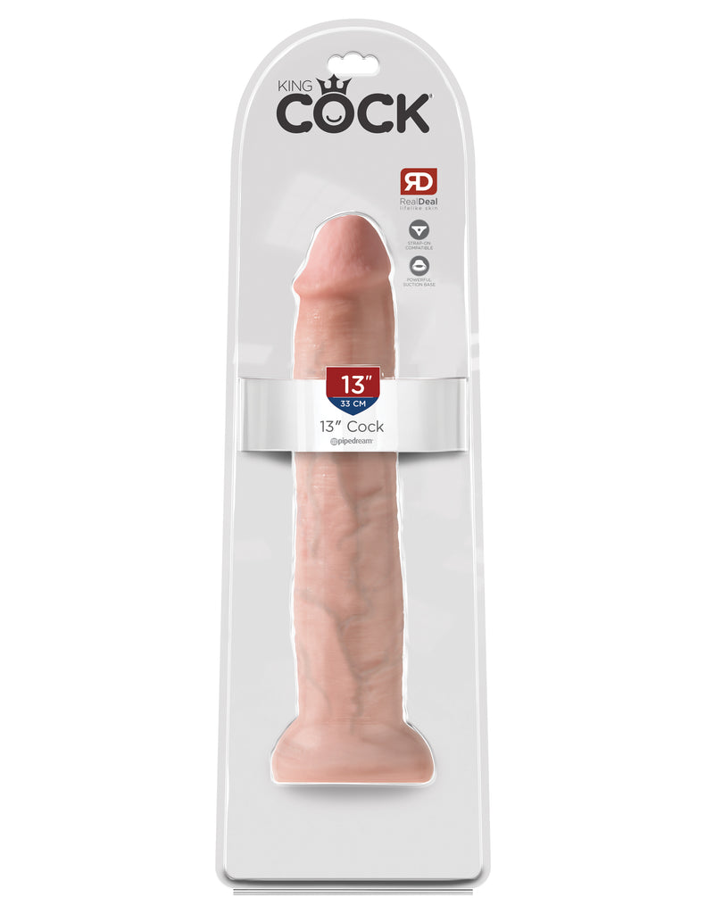 This is an image of The King Cock¬ 13" Cock - Light. . Do you want your first dildo to look and feel just like the rock-hard stud you've always fantasized about? Stop dreaming and get down with the King! Every vein, every shaft, and every head is carefully handcrafted with exquisite detail to give you the most realistic experience ever imagined.