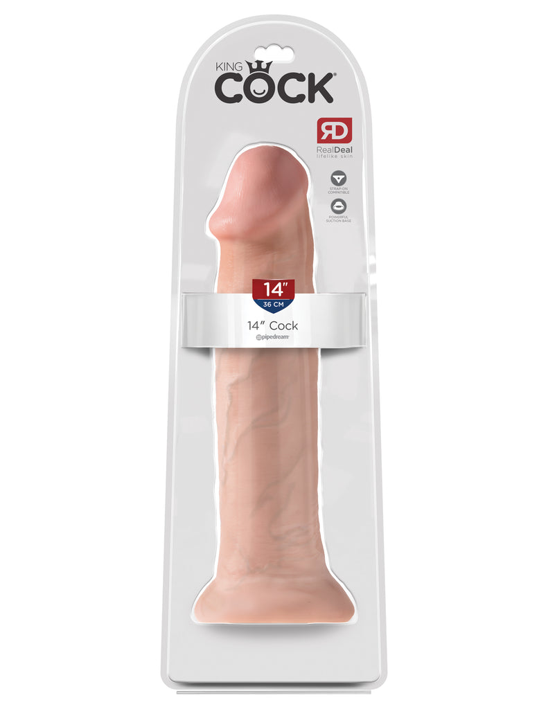 This is an image of The King Cock¬ 14" Cock - Light. . Do you want your first dildo to look and feel just like the rock-hard stud you've always fantasized about? Stop dreaming and get down with the King! Every vein, every shaft, and every head is carefully handcrafted with exquisite detail to give you the most realistic experience ever imagined.