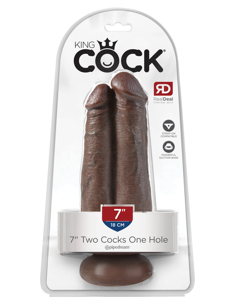 This is an image of The King Cock¬ 7" Two Cocks One Hole - Brown. . This King CocK satisfies your 2-in-1 fantasies with one thick dildo sculpted from two lifelike cocks. <br>Exquisitely handcrafted and flexible, the King Cock¬ Two Cocks One Hole provides exciting stimulation and a satisfying feeling of fullness. The powerful suction cup base sticks to nearly any flat surface and makes every dildo harness compatible.