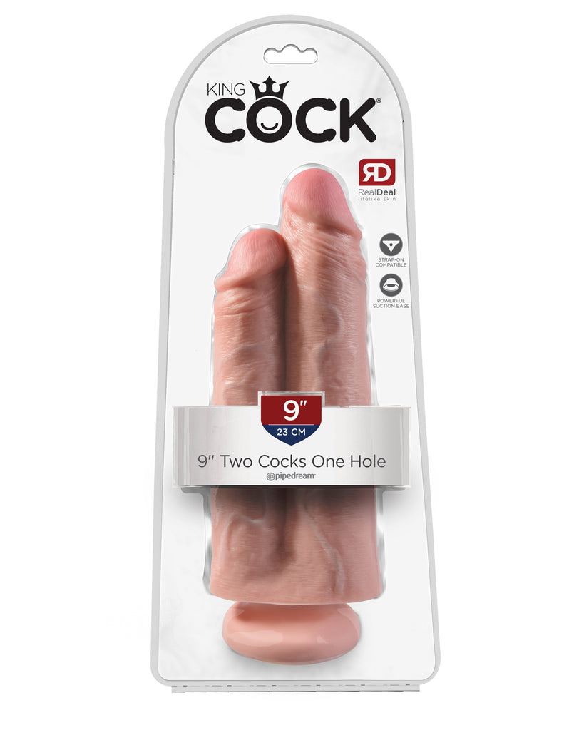 This is an image of The King Cock¬ 9" Two Cocks One Hole - Light. . This King CocK satisfies your 2-in-1 fantasies with one thick dildo sculpted from two lifelike cocks. <br>Exquisitely handcrafted and flexible, the King Cock¬ Two Cocks One Hole provides exciting stimulation and a satisfying feeling of fullness. The powerful suction cup base sticks to nearly any flat surface and makes every dildo harness compatible.