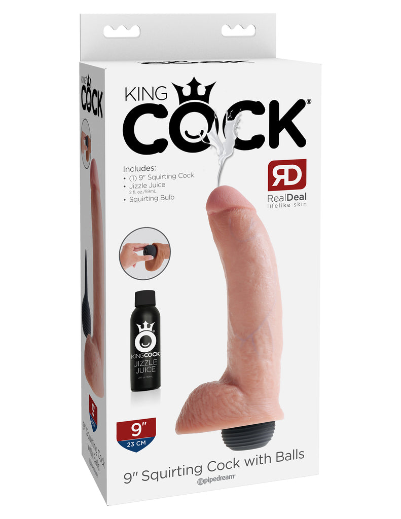 This is an image of The King Cock¬ 9" Squirting Cock with Balls - Light. . This King Cock¬ Squirting Cock is ultra-realistic and will satisfy all of your cravings for cum-play! Hand-sculpted with amazing attention to detail and featuring our exclusive Jizzle Juice squeeze-bulb, the King Cock¬ Squirting Cocks are the most satisfying ejaculating dildos on the market!