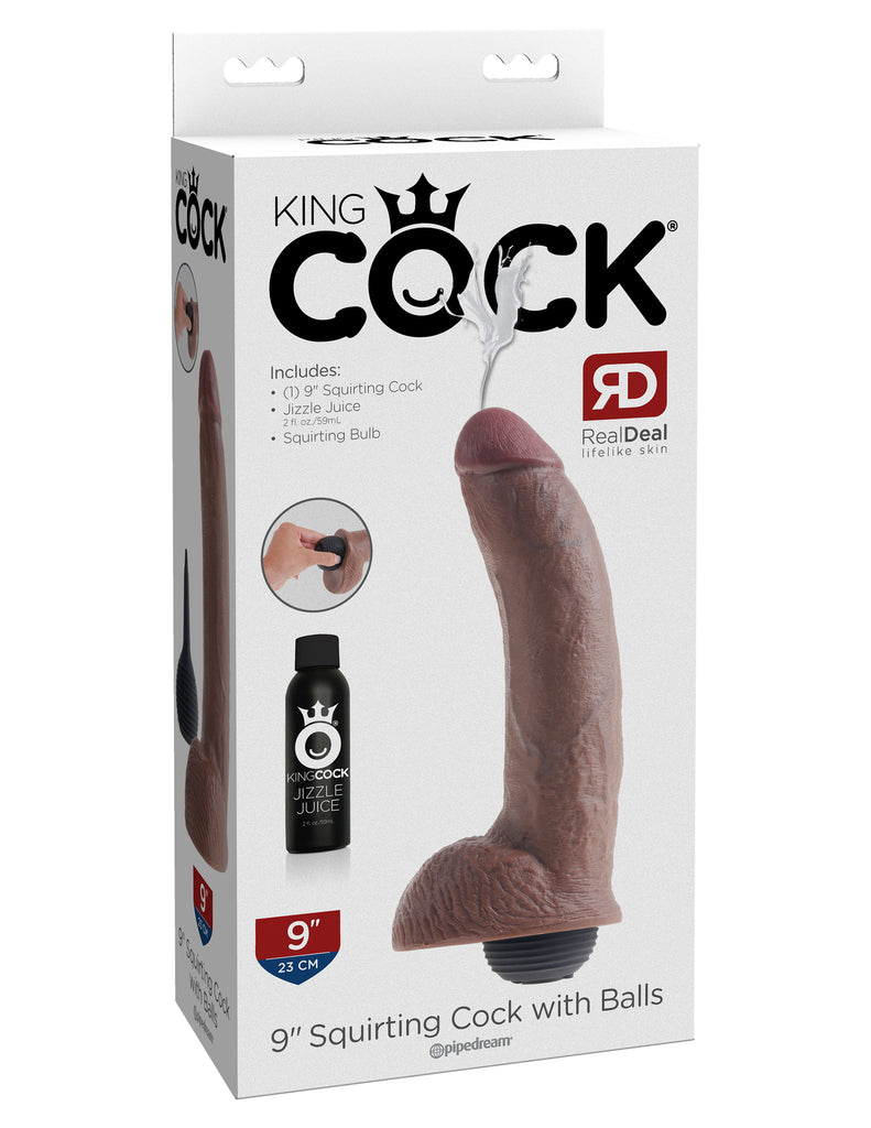 This is an image of The King Cock¬ 9" Squirting Cock with Balls - Brown. . This King Cock¬ Squirting Cock is ultra-realistic and will satisfy all of your cravings for cum-play! Hand-sculpted with amazing attention to detail and featuring our exclusive Jizzle Juice squeeze-bulb, the King Cock¬ Squirting Cocks are the most satisfying ejaculating dildos on the market!