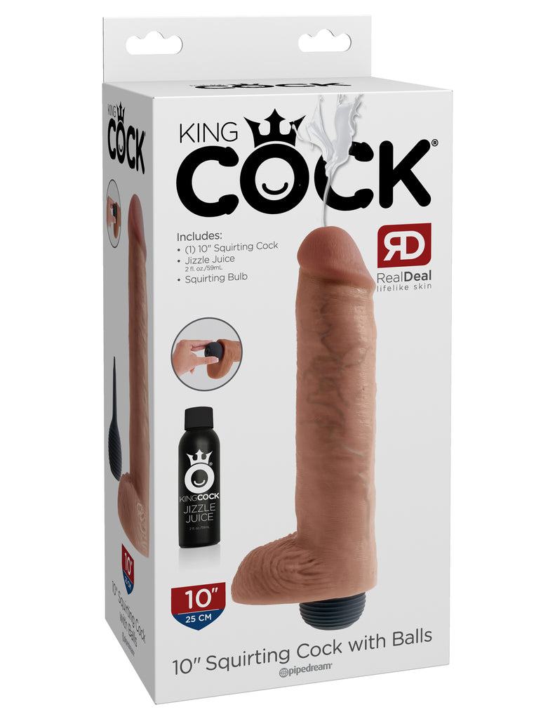 This is an image of The King Cock¬ 10" Squirting Cock with Balls - Light. . This King Cock¬ Squirting Cock is ultra-realistic and will satisfy all of your cravings for cum-play! Hand-sculpted with amazing attention to detail and featuring our exclusive Jizzle Juice squeeze-bulb, the King Cock¬ Squirting Cocks are the most satisfying ejaculating dildos on the market!
