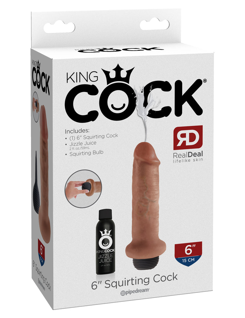 This is an image of The King Cock¬ 6" Squirting Cock - Tan. . This King Cock¬ Squirting Cock is ultra-realistic and will satisfy all of your cravings for cum-play! Hand-sculpted with amazing attention to detail and featuring our exclusive Jizzle Juice squeeze-bulb, the King Cock¬ Squirting Cocks are the most satisfying ejaculating dildos on the market!