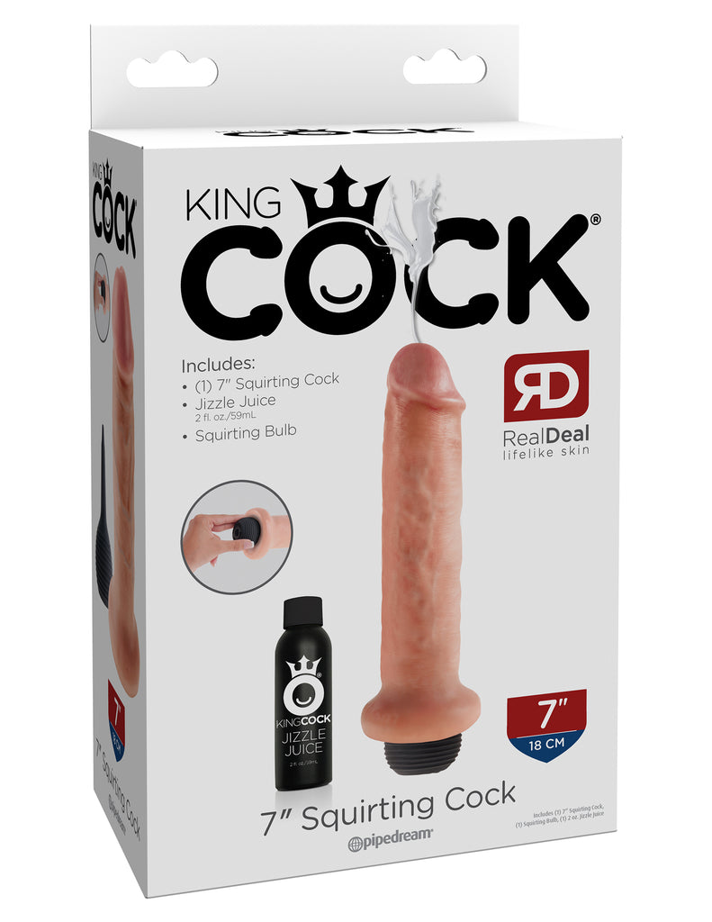This is an image of The King Cock¬ 7" Squirting Cock - Light. . This King Cock¬ Squirting Cock is ultra-realistic and will satisfy all of your cravings for cum-play! Hand-sculpted with amazing attention to detail and featuring our exclusive Jizzle Juice squeeze-bulb, the King Cock¬ Squirting Cocks are the most satisfying ejaculating dildos on the market!